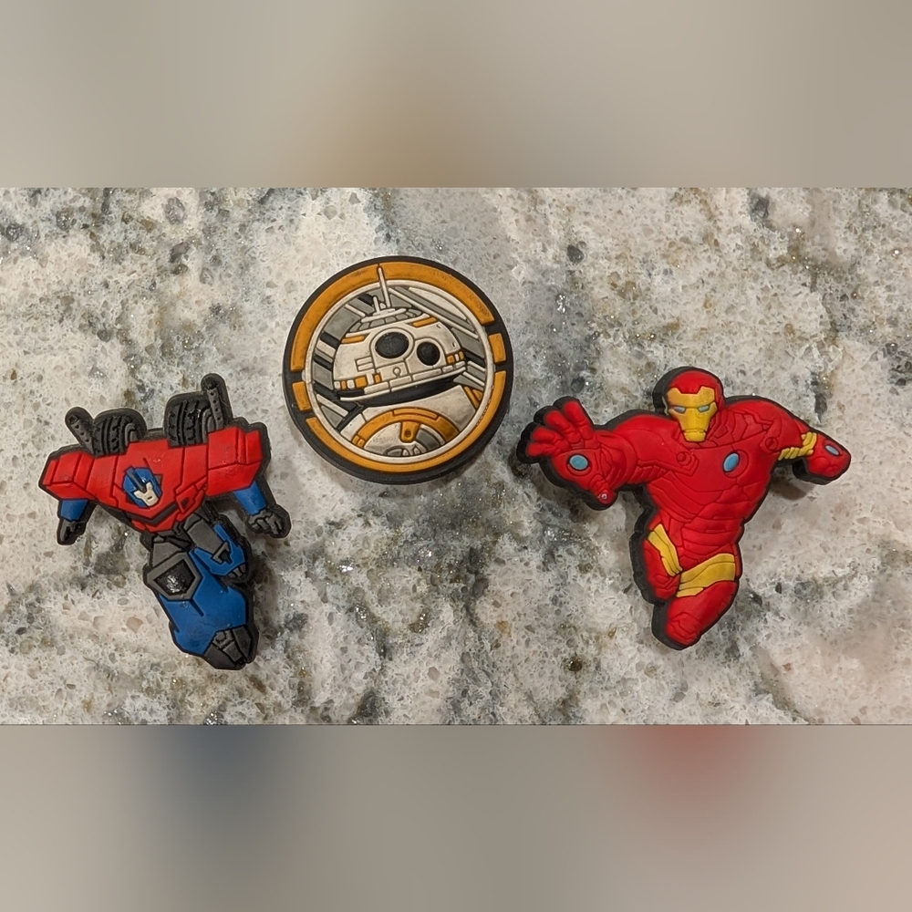 Crocs Jibbits Iron Man, Optimus Prime, and BB8